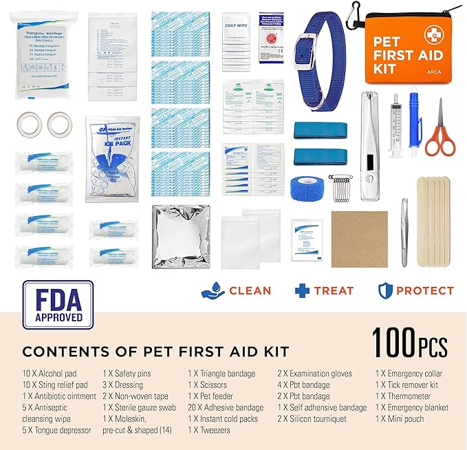 ARCA PET First Aid Kit 3 Piece Set - Each for Home, Car & Travel. Dog First Aid Kit with Thermometer, Tick Remover Kit & Many More