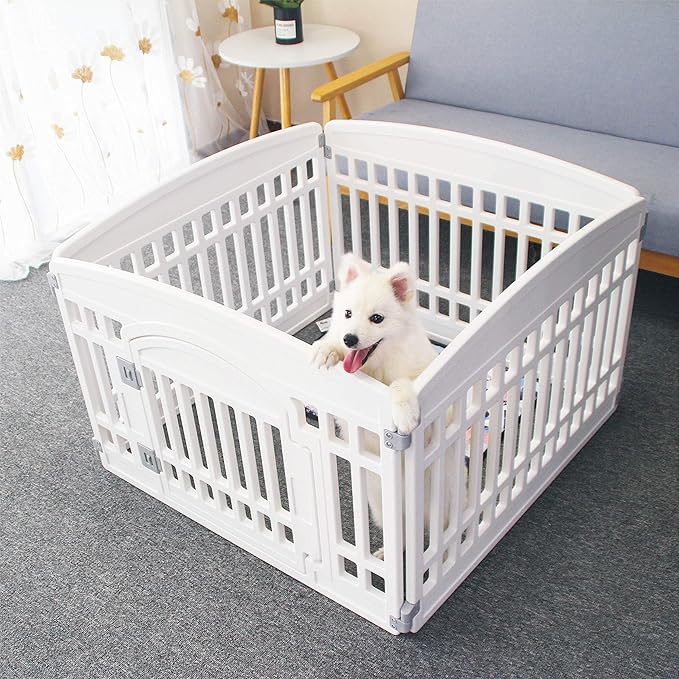 Pet Playpen Gate for Dogs Heavy Plastic Puppy Exercise Pen Small Pets Fence Puppies Folding Cage 4 Panels for Puppies and Small Dogs House White (33.5x33.5 Inches)