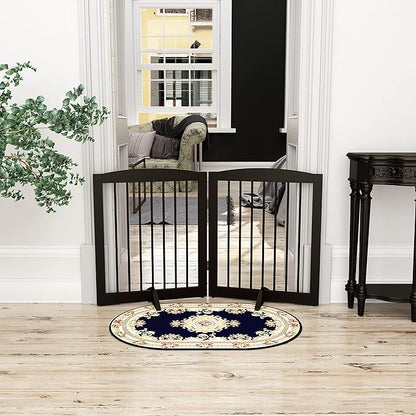 PUPETPO Freestanding Pet Gate for Dogs, Foldable Wooden Dog Gate for House, Indoor Pet Barrier for Stairs, Doorways, Support Feet Included, 24" Height 2 Panels, Brown