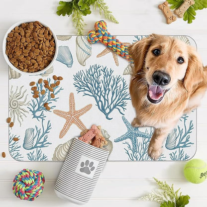 Starfish Dog Food Mat for Floors,Coral Shell Ocean Absorbent Quick-Dry Pet Feeding Mat, Cat Dog Bowl Mats for Food and Water,Non-Slip Pet Accessories Supplies 16"x24"