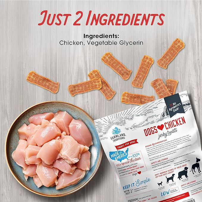 Farmland Traditions Dogs Love Chicken Jerky Dog Treats, Premium Two-Ingredient Dog Jerky with USA-Raised Chicken & No Antibiotics Ever, 3 Pound (Pack of 1) Bag.