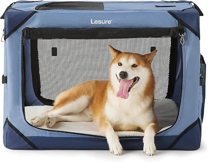 Lesure Collapsible Dog Crate - Portable Travel Kennel for Medium Dog, 4-Door Pet Crate with Mesh Windows, Indoor & Outdoor, Blue