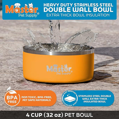 Master Pet Supply Stainless Steel Dog Bowls - 32 oz, Heavy Duty - Mango Tango, Double Wall Extra-Thick Insulated, Non-Slip Pet Water Bowl for Dogs, Cats & Pets, Anti Rust Metal, Dish Washer Safe