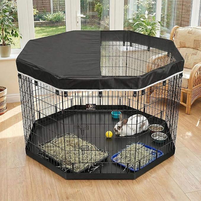 PJYuCien Dog Playpen with Top Cover and Bottom Pad - Metal Foldable Exercise Pen, 8 Panels 42" H x 24" W Indoor Outdoor Pet Fence Puppy Crate Kennel, Black