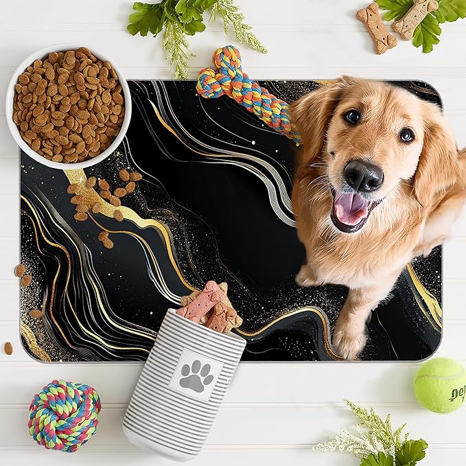 Marble Pet Feeding Mat,Black Gold Flowing Marble Absorbent Quick-Dry Cat Dog Food and Water Bowl Mats,Non-Slip Rubber Backing Mat,Cat Dog Accessories Supplies 16"x24"