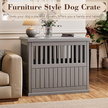 Fancyango 40-Inch Heavy Duty Dog Crate Furniture Lockable Indoor Outdoor Kennel & End Table for Small/Large Dogs Decorative Plastic Pet Cage in Grey