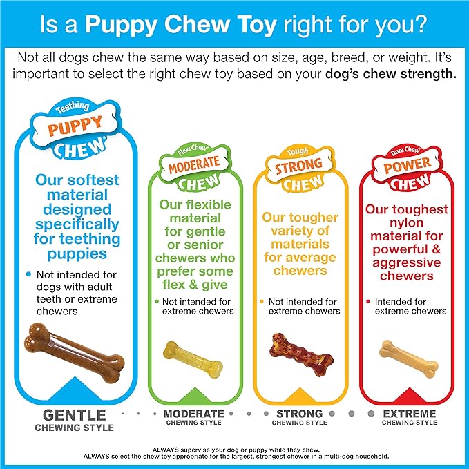 Nylabone New Puppy Starter Kit, 5 Chew Toys and 1 Natural Treat for Puppies, Multi Color, Bacon & Chicken Flavor, Small Dogs - Up to 25 lbs., 6 Pack