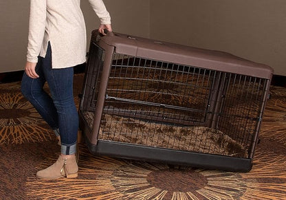 Pet Gear “The Other Door” 4 Door Steel Crate for Dogs/Cats with Garage-Style Door, Includes Plush Bed + Travel Bag, No Tools Required, Espresso, 42 Inch