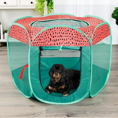 Furhaven Portable Dog Playpen Cat Tent, Pet Playground,Kennel Foldable Indoor Outdoor Zippered Puppy Crate - Green & Pink, Medium