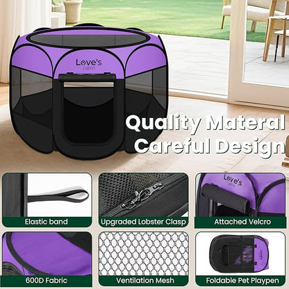 Love's cabin Pet Puppy Dog Playpen, Small Dog Tent Crates Cage Indoor/Outdoor, Portable Playpen for Cat, Foldable Pop Up Dog Kennel Playpen with Carring Case, Removable Zipper Top, Purple