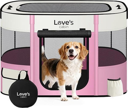Love's cabin Pet Puppy Dog Playpen, Large Dog Tent Crates Cage Indoor/Outdoor, Portable Exercise Playpen for Cat, Foldable Pop Up Dog Kennel Playpen with Carring Case (L, Light Pink)