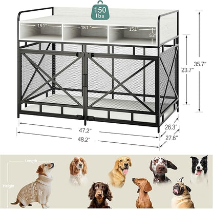 Fulhope Dog Crate Furniture, 48" Heavy Duty Wooden Dog Crate End Table, XL Dog Kennel Furniture Large Breed, Decorative Dog Kennel Indoor with 3 Drawers & Steel Tubes 48" L x28 W x36 H (White)