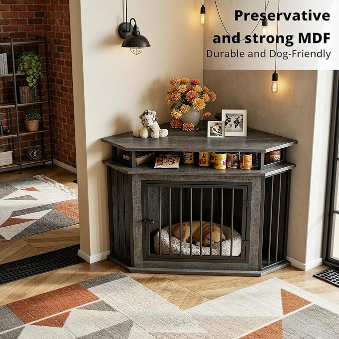IRONCK 44" Corner Dog Crate with 2-Tier Shelves, Wooden Dog Kennel Furniture for TV Stand, Dog Kennel Indoor Furniture for Small and Medium Dogs, Rustic Brown (23.6" L x 43.3" W x 32.3" H)
