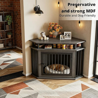 IRONCK 44" Corner Dog Crate with 2-Tier Shelves, Wooden Dog Kennel Furniture for TV Stand, Dog Kennel Indoor Furniture for Small and Medium Dogs, Rustic Brown (23.6" L x 43.3" W x 32.3" H)