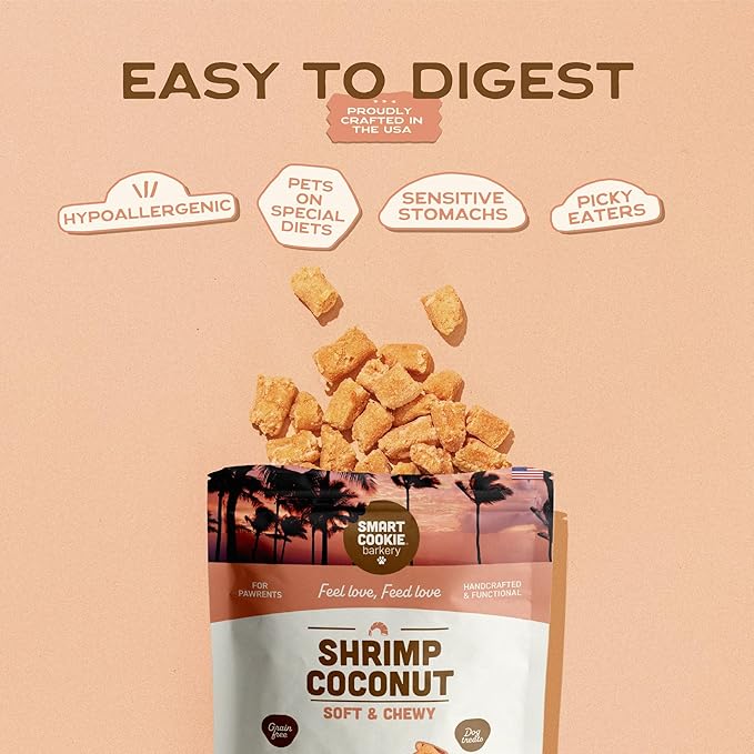 Smart Cookie All Natural Soft Dog Treats - Shrimp & Coconut - Healthy Dog Treats for Allergies, Sensitive Stomachs - Chewy, Grain Free, Human-Grade, Made in The USA - 5oz Bag, 1 Pack