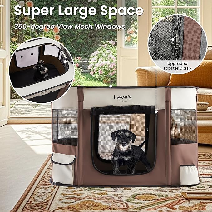 Love's cabin Pet Puppy Dog Playpen, Large Dog Tent Crates Cage Indoor/Outdoor, Portable Exercise Playpen for Cat, Foldable Pop Up Dog Kennel Playpen with Carring Case (L, Brown)