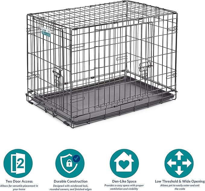 MidWest Homes for Pets 30-Inch iCrate for Medium Breeds, 21-40 lbs, Double Door Folding Dog Crate with Divider Panel, Leak-Proof Tray & Secure Latches, Portable, Durable & Easy to Assemble