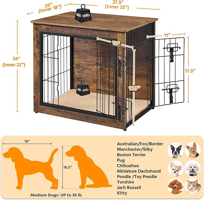 Yaheetech 27.5 Inch Dog Crate Furniture with Cushion, Wooden Dog Kennel with Double Door Side End Table with Adjustable Feet for Small Medium Dogs