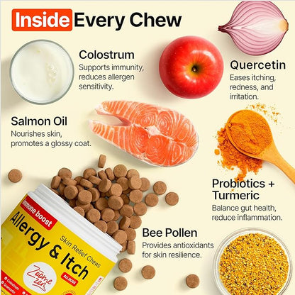 Dog Allergy Chews – Dog Allergy Relief, Itch Relief for Dogs – Anti Itch, Allergies & Immune Chews for Dogs with Omega 3 Fish Oil, Colostrum & Probiotics – 170 Count, Made in USA