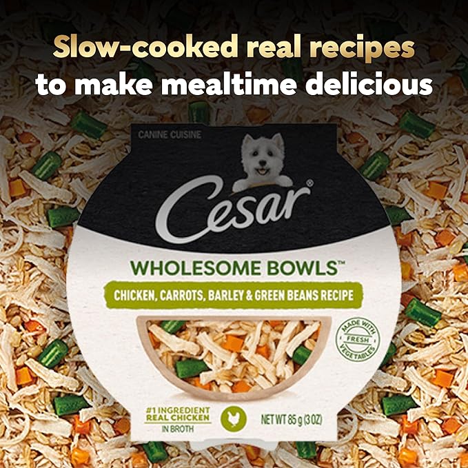 Cesar Wholesome Bowls Adult Wet Dog Food, Chicken, Carrots, Barley & Green Beans Recipe, Wet Food for Dogs, 3 Oz. Bowls, 10 Count