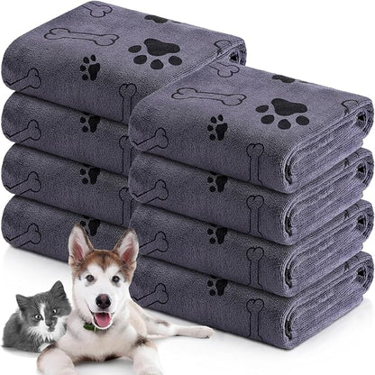 Chumia 8 Pcs Dog Towels for Drying Dogs Cats Pet Towels Bulk Puppy Microfiber Fast Drying Paw Bath Bathing Supplies Absorbent for Medium Pets(55 x 28 Inch,Dog Paw and Bone,Gray)