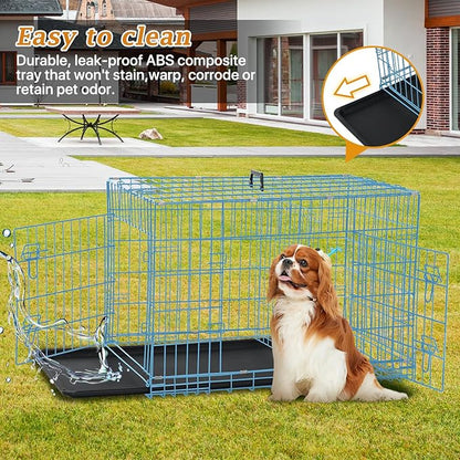 Folding Dog Crate 36" Metal Portable Outdoor Double Door Wire Large Cat Pet Dog Cage Kennel with ABS Tray LC & Divider, Blue
