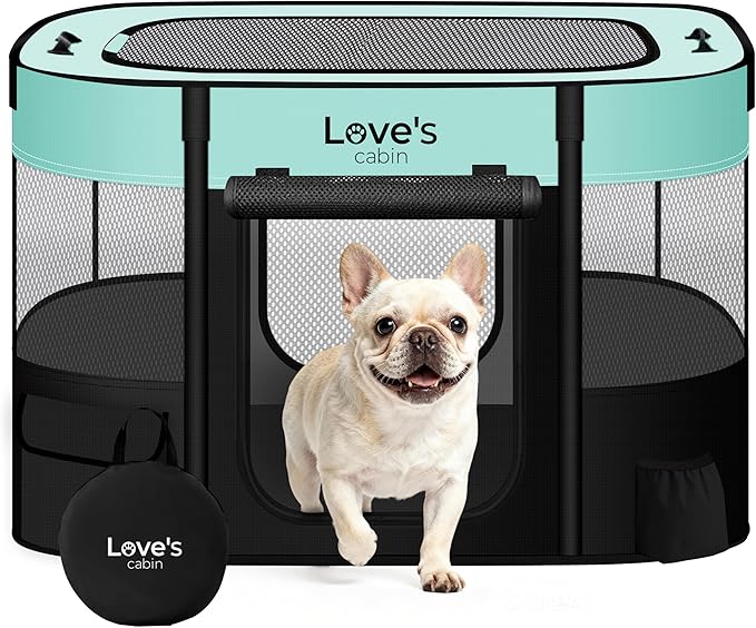 Love's Cabin Medium Dog Tent Crate, Portable Foldable Pop Up Dog Kennel Playpen with Carrying Case (Green)