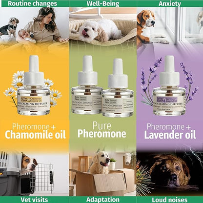120 Days Advanced Dog Calming Diffuser Kit with Pheromones + Lavender & Chamomile for Anxiety Relief, Dog Pheromones Calming Diffuser Plug-in - 2 Diffusers & 4 Refills