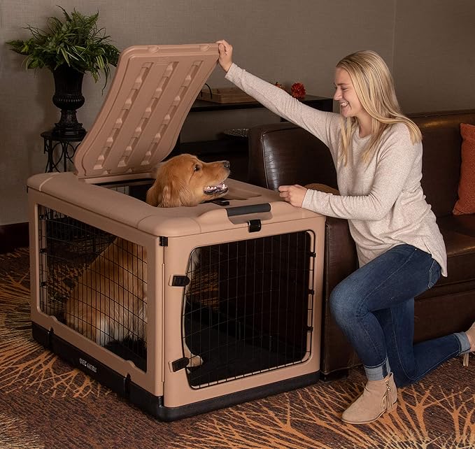 Pet Gear “The Other Door” 4 Door Steel Crate for Dogs/Cats with Garage-Style Door, Includes Plush Bed + Travel Bag, No Tools Required, Beige, 42 Inch