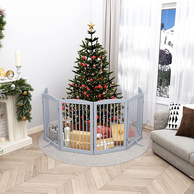 PUPETPO Freestanding Pet Gate for Dogs, Indoor Wooden Foldable Dog Gate for House, Extra Wide, Pet Fence for Stairs, Doorways, Halls, Support Feet Included, 120 Inch Wide, 6 Panels 32",Grey