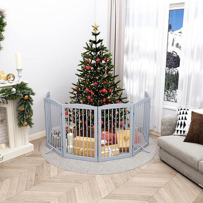 PUPETPO Freestanding Pet Gate for Dogs, Indoor Wooden Foldable Dog Gate for House, Extra Wide, Pet Fence for Stairs, Doorways, Halls, Support Feet Included, 120 Inch Wide, 6 Panels 32",Grey