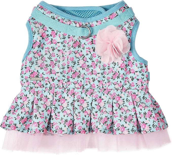 Blueberry Pet Soft & Comfy Made Well Cute Floral No Pull Mesh Puppy Dog Costume Harness Dress in Light Blue, Chest Girth 14"-16", X-Small, Adjustable Harnesses for Dogs