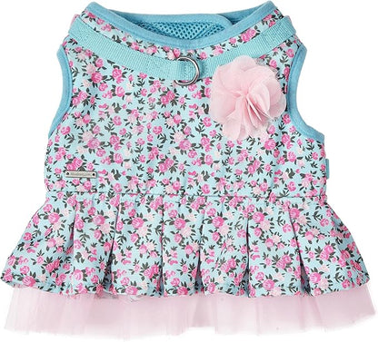 Blueberry Pet Soft & Comfy Made Well Cute Floral No Pull Mesh Puppy Dog Costume Harness Dress in Light Blue, Chest Girth 14"-16", X-Small, Adjustable Harnesses for Dogs