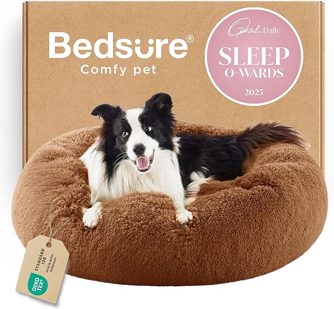 Bedsure Calming Dog Bed for Large Dogs - Donut Washable Large Pet Bed, 36 inches Anti-Slip Round Fluffy Plush Faux Fur Dog Bed, Fits up to 80 lbs Pets, Copper