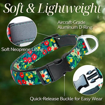 Small Dog Collar with Reflective Logo and Soft Padded Neoprene,Floral Print Design, Adjustable,Lightweight & Durable, Neck Size 9’’-14’’ (Floral, S)