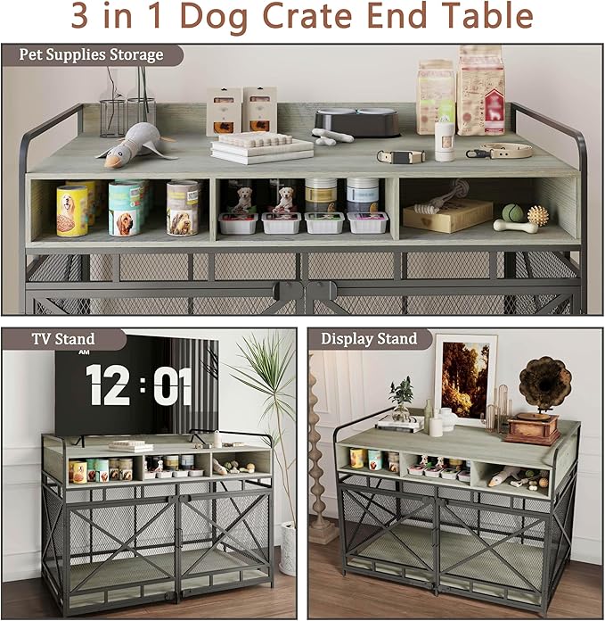 Fulhope Dog Crate Furniture, 48" Heavy Duty Wooden Dog Crate End Table, XL Dog Kennel Furniture Large Breed, Decorative Dog Kennel Indoor with 3 Drawers & Steel Tubes 48" L x28 W x36 H (Grey)