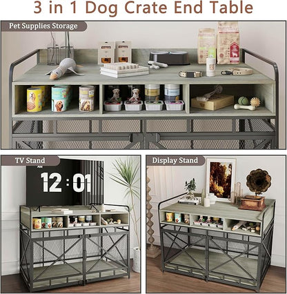 Fulhope Dog Crate Furniture, 48" Heavy Duty Wooden Dog Crate End Table, XL Dog Kennel Furniture Large Breed, Decorative Dog Kennel Indoor with 3 Drawers & Steel Tubes 48" L x28 W x36 H (Grey)