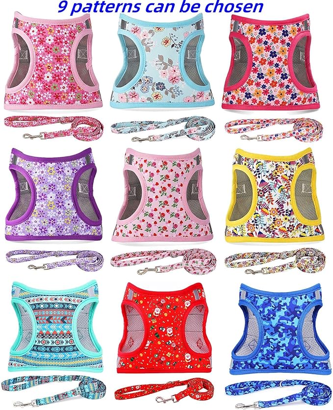 Moonpet Step in Dog Harness Leash Set- All Weather Reflective No-Pull Floral Pattern Padded Mesh Vest Harness for Cats Puppy Extra-Small Small Medium Large Dogs - Bell Orchid - S