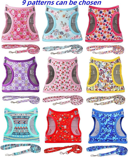 Moonpet Step in Dog Harness Leash Set- All Weather Reflective No-Pull Floral Pattern Padded Mesh Vest Harness for Cats Puppy Extra-Small Small Medium Large Dogs - Bell Orchid - S