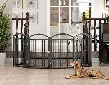 Folding No-Assembly Freestanding Dog Gate with Door,32" Heights Foldable Pet Fence,144" Extra Wide Accordion Puppy Folding Playpen for Doorways,House,Stairs (6 Panels,Black)