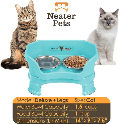 Neater Feeder Deluxe Mess-Proof Elevated Cat Bowls, 2 Height Adjustable (6” & 7.5”) No-Spill Raised Cat Bowl Stand, Whisker Friendly Stainless Steel Dishes for Indoor Cats, Made in USA, Aquamarine