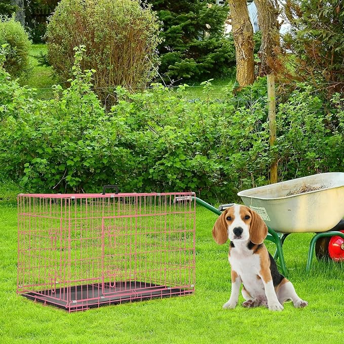 36 inch Dog Crates for Medium Dogs Folding Metal Wire Dog Cage Kennel, Indoor Outdoor Dog Crate Kennels with Handle&Proof Tray Portable Pet Kennel Pink