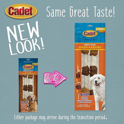Cadet Gourmet X-Large Triple-Flavored Beef Hide Shish Kabob Dog Treats - Healthy & Natural Chicken, Liver, & Sweet Potato Dog Treats for Dogs Over 30 lbs., 10 in. (2 Count) (Pack of 3)