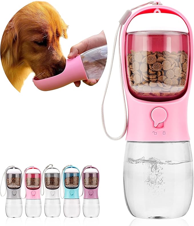 Dog Water Bottle with Food Container, Portable Leak Proof Pet Water Dispenser for Walking Hiking Travel, Puppy Essentials Accessories for Small Large Dogs, Dog Gifts (10oz/15oz/19oz)