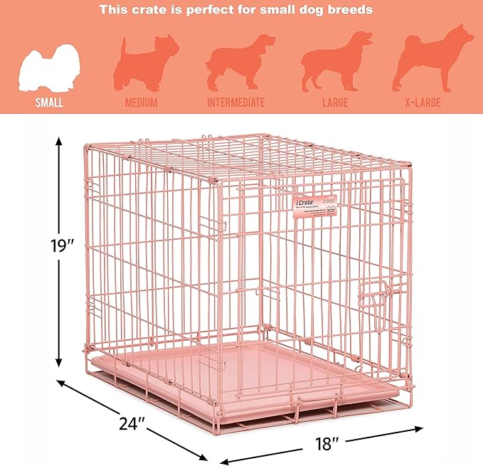 MidWest Homes for Pets 24-Inch Pink Fashion iCrate for Small Breeds, 12-20 lbs, Single Door Folding Dog Crate with Divider Panel, Leak-Proof Tray & Secure Latch, Portable, Durable & Easy to Assemble