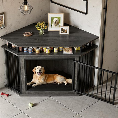 IRONCK Corner Wooden Dog Crate Furniture with 2-Tier Shelves, Pet Kennel for Large Dogs, Space-Saving Dog Cage Indoor, Rustic Brown (26.7" L x 51.2" W x 33.5" H)