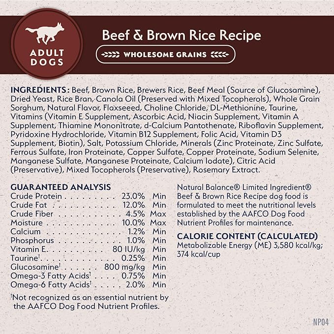 Natural Balance Limited Ingredient Adult Dry Dog Food with Healthy Grains, Beef & Brown Rice Recipe, 4 Pound (Pack of 1)