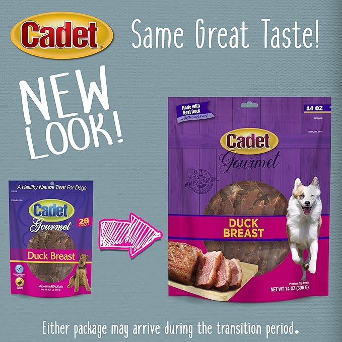Cadet Gourmet Duck Breast Jerky Dog Treats, Healthy, Long-Lasting High-Protein Training Treats for Small & Large Dogs, 14 oz.
