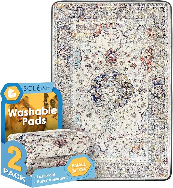 SCLOSE Washable Pee Pads for Dogs 2 Pack, 36" x 24" Reusable Puppy Pads Waterproof, Super Absorbent Dog Rugs, Leakproof, Dog Crate Pad, Playpen Mat, Whelping Pads, Vintage Medallion