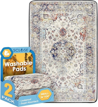 SCLOSE Washable Pee Pads for Dogs 2 Pack, 36" x 24" Reusable Puppy Pads Waterproof, Super Absorbent Dog Rugs, Leakproof, Dog Crate Pad, Playpen Mat, Whelping Pads, Vintage Medallion